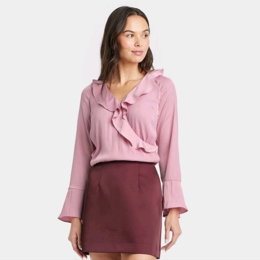 A New Day Women's Flounce Long Sleeve V-Neck Ruffle Wrap Blouse Pink NWT